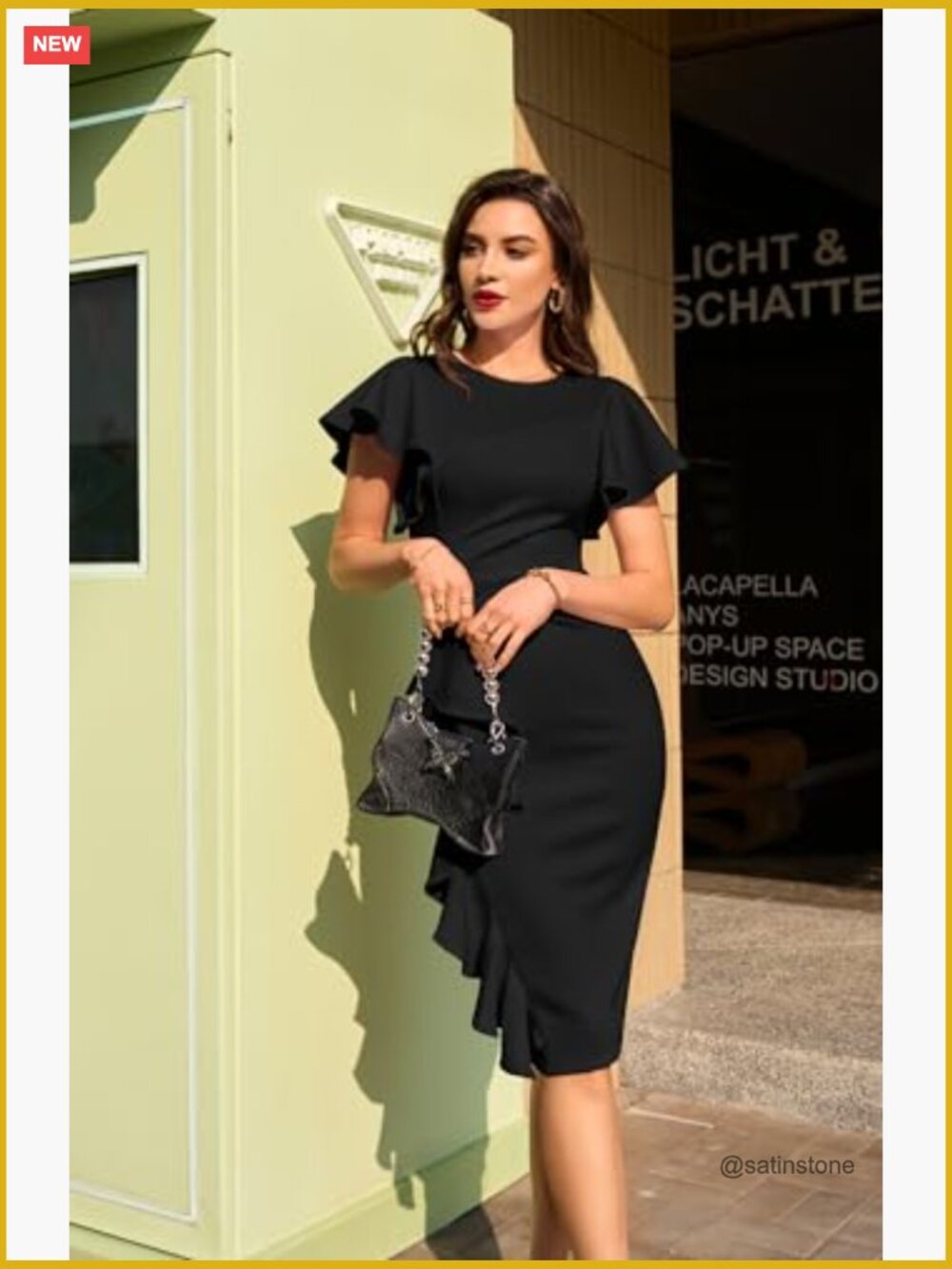 Vintage Church Ruffle Sleeve Ruched Bodycon Midi Pencil Dress - Picture 5 of 7